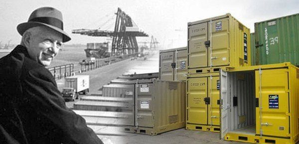 Malcolm McLean portrait in front of shipping containers Malcom McLean portrait in front of shipping containers